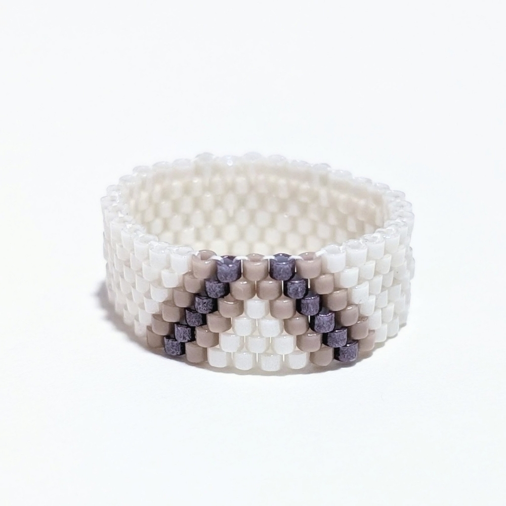 Handmade Beaded Ring, Cream & Purple Band, Size 6.5
